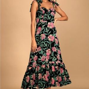 Lulu's Black Floral Maxi Dress with Pink & Green Print